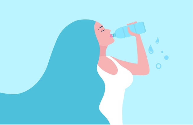 Vettore acqua potabile sana della donna dall'illustrazione di vettore della bottiglia di plastica. concetto di stile di vita sano