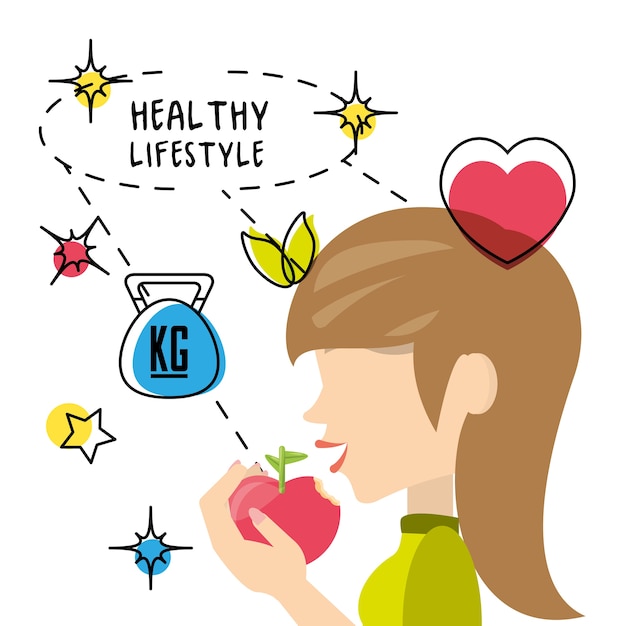 Vector healthy woman eat apple to carry healthy lifestyle