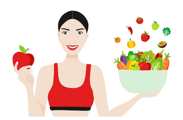 Vector healthy woman eating healthy food bowl vector illustration healthy lifestyle and vegan food