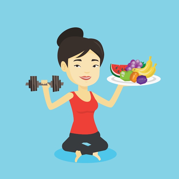 Vector healthy woman with fruits and dumbbell.