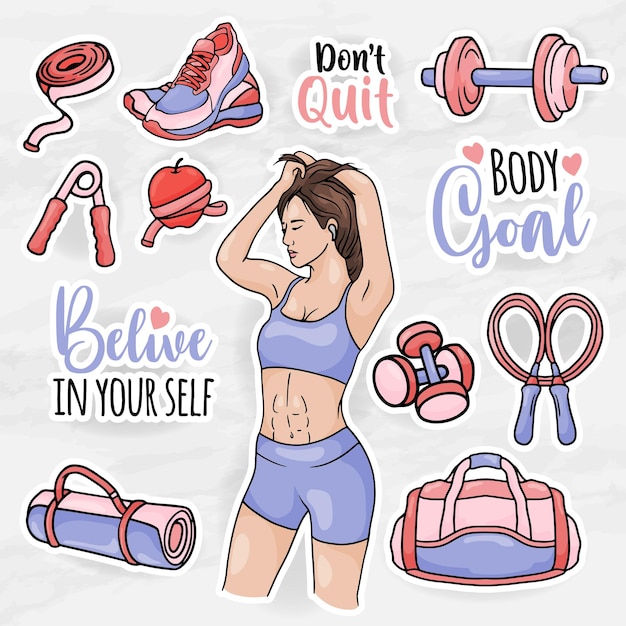 Vector healthy women sticker clip art collections set with girl gym equipment