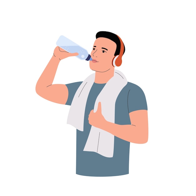 Здоровый молодой человек с полотенцем пьет воду из бутылки Векторная мультяшная иллюстрация в плоском стиле