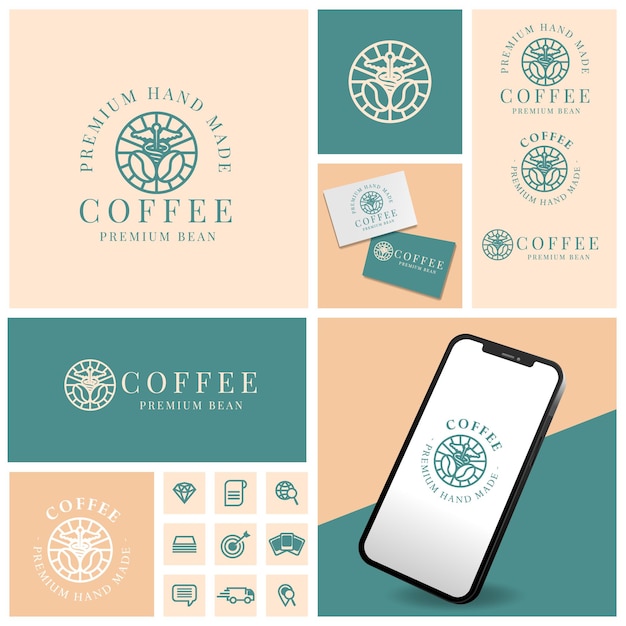 Logo professionale vettoriale del caffè sano con set di icone