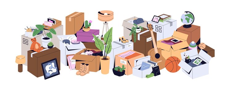 Vector heap of boxes many things for moving composition of pile of different cardboard container packages cartons stuff belongings for relocation flat isolated vector illustration on white background