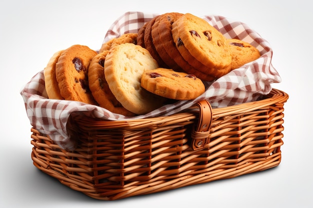 Heap of cookies in a basket on white background