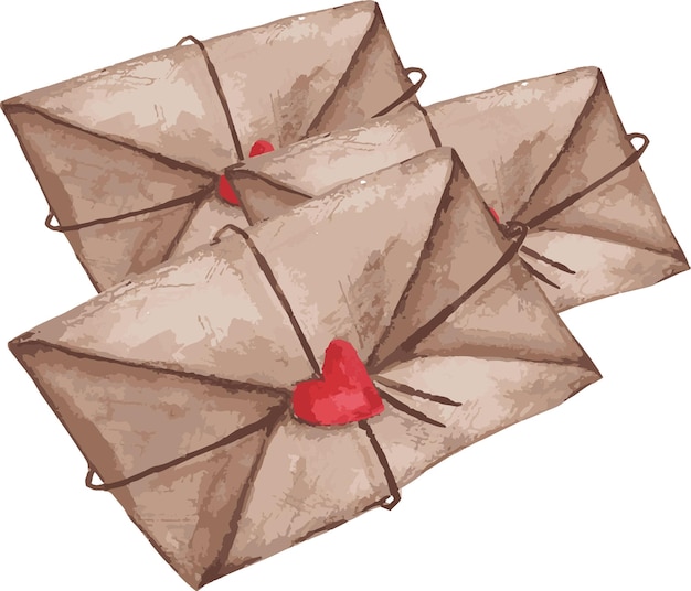 レトロなスタイルのハートシールとロープヴィンテージクラフト紙と封筒の手紙の山