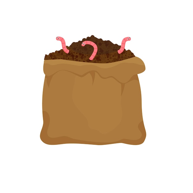 Heap of ground with worms and canvas bag for illustration of soil organic fertilizer compost agriculture Zero waste theme Colored flat icon cartoon vector design