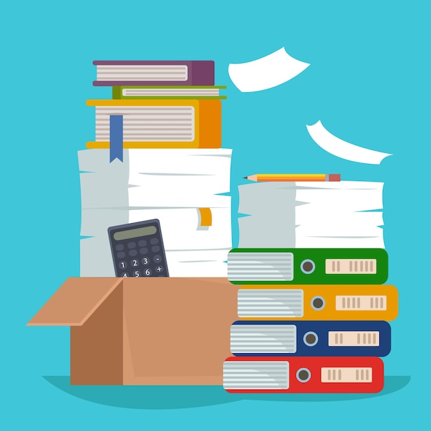 Куча папок с бумажными документами и картонных коробок Огромная куча документов Концепция бюрократии