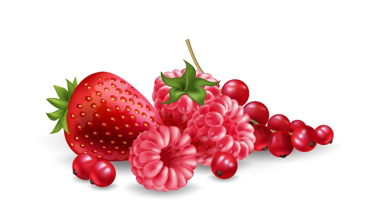 Vector heap of red berries raspberry strawberry and redcurrant for food juice dessert ice cream