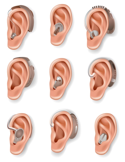 聴覚補助器セット 聴覚障害の患者のための音声増幅器 医学と健康 耳の後ろの現実的なオブジェクト 耳喉科における治療と義肢