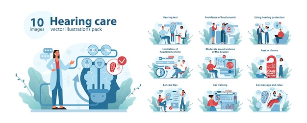 Vector hearing care concept set comprehensive vector illustrations depicting various aspects of auditory