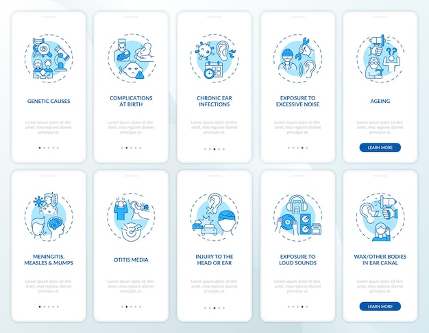 Hearing impairment factors onboarding mobile app page screen with concepts set