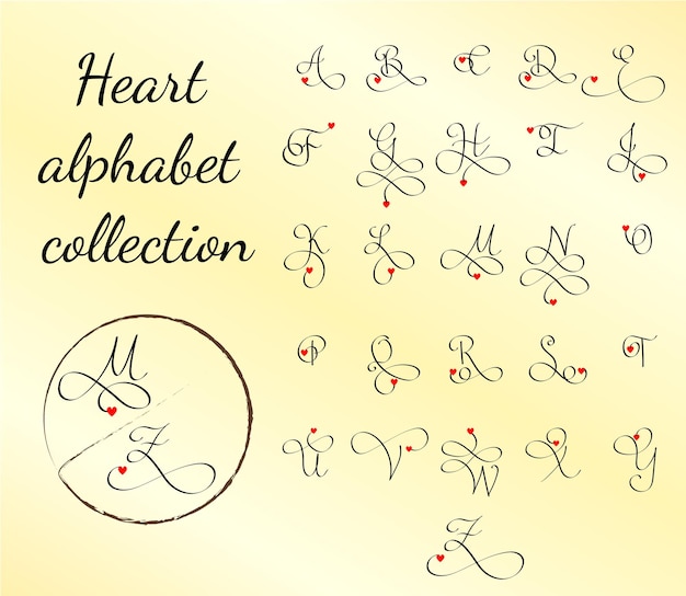 Heart alphabet collection with calligraphy