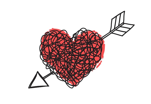 Запутанные шероховатые каракули в форме сердца и стрелы