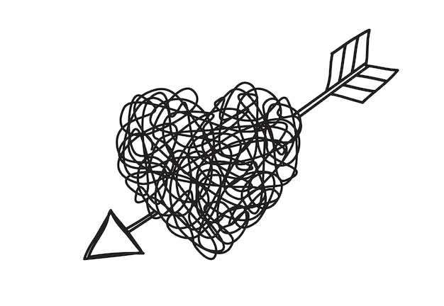 Heart and arrow shaped tangled grungy scribble