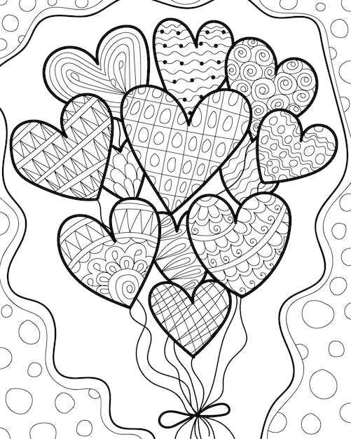 Heart balloons coloring book page with henna style design