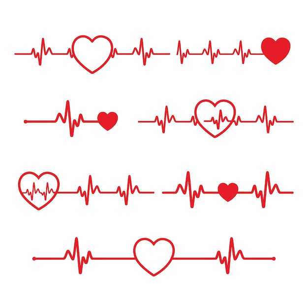 Heart beat icon set Heart shape with pulse line Vector illustration