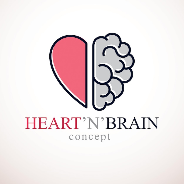 Vector heart and brain concept, conflict between emotions and rational thinking, teamwork and balance between soul and intelligence. vector logo or icon design.