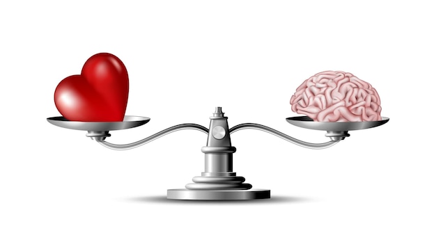 Vector heart and brain on scales conceptual balance