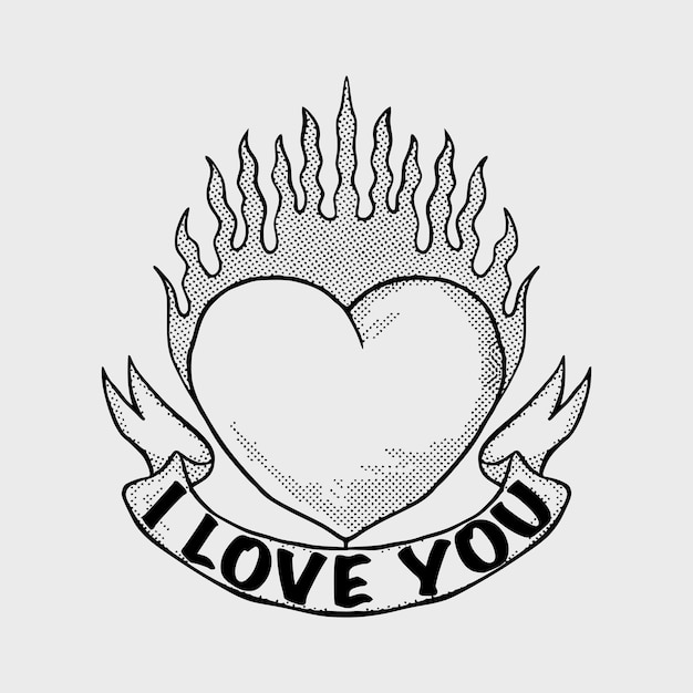 Heart burning i love you doodle black and white illustration hand drawn vector