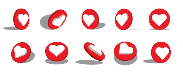 Heart button 3d icon illustration with different views and angles