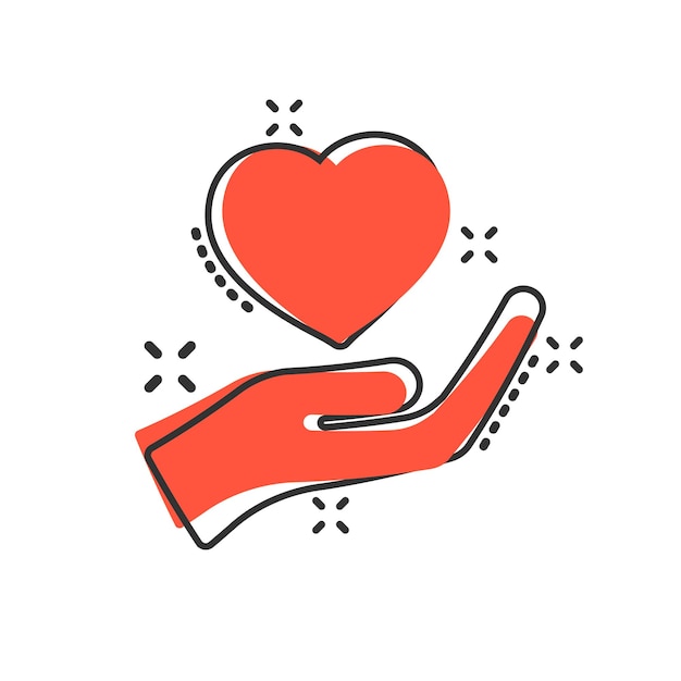 Vector heart care icon in comic style charity vector cartoon illustration on white isolated background love in hand business concept splash effect