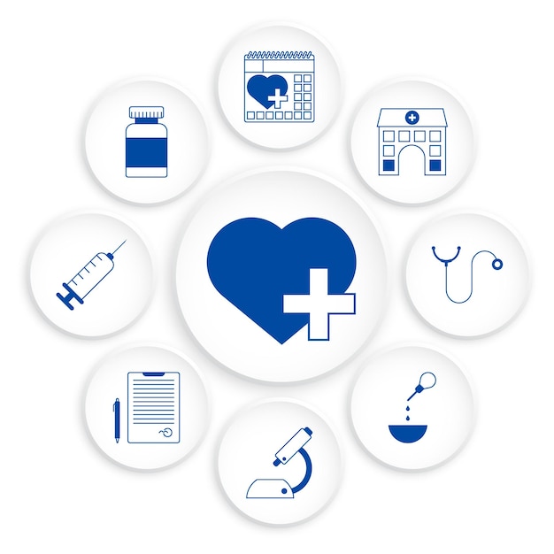 Vettore infografiche per la cura del cuore. esami medici regolari. assistenza sanitaria. stetoscopio, vitamine, siringa, microscopio, ospedale, conclusione del medico. vettore in stile neomorfo