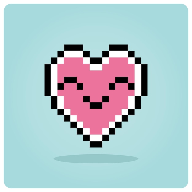 Heart character in 8 bit pixel art smile love icon for game assets in vector illustration