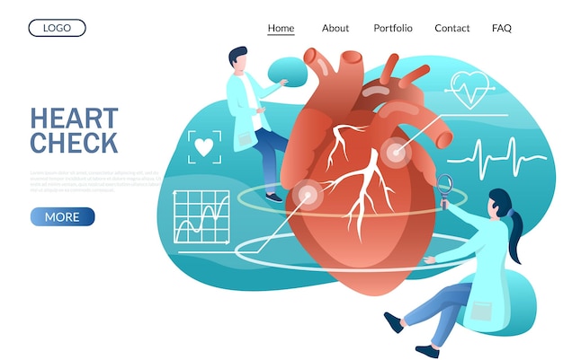 Шаблон векторного веб-сайта проверки сердца и дизайн целевой страницы для разработки веб-сайтов и мобильных сайтов. Концепция кардиологии здоровья сердца с персонажами