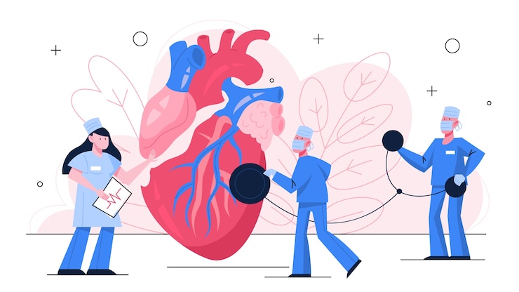 Vector heart checkup banner concept. idea of health care and disease diagnosis. doctor examine a heart with stethoscope. cardiology specialist.   illustration in  style