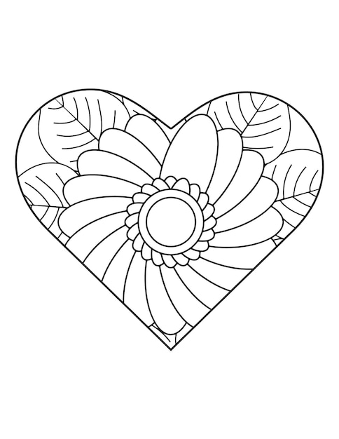 Heart coloring page, flower coloring book for adults, heart shape, heart ornament.