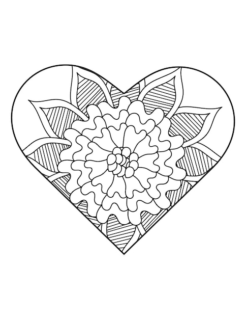 Heart coloring page, flower coloring book for adults, heart shape, heart ornament.