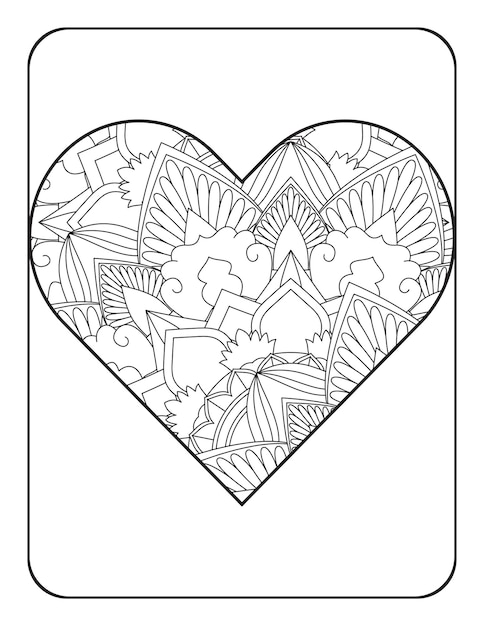 Cuore da colorare a forma di cuore con motivo floreale mandala pagina da colorare per adulti
