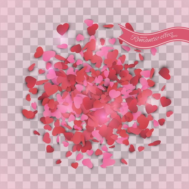 Heart confetti of Valentines petals falling on transparent background Valentines Day background of red hearts petals falling Decor element for greeting cards Transparent vector effect