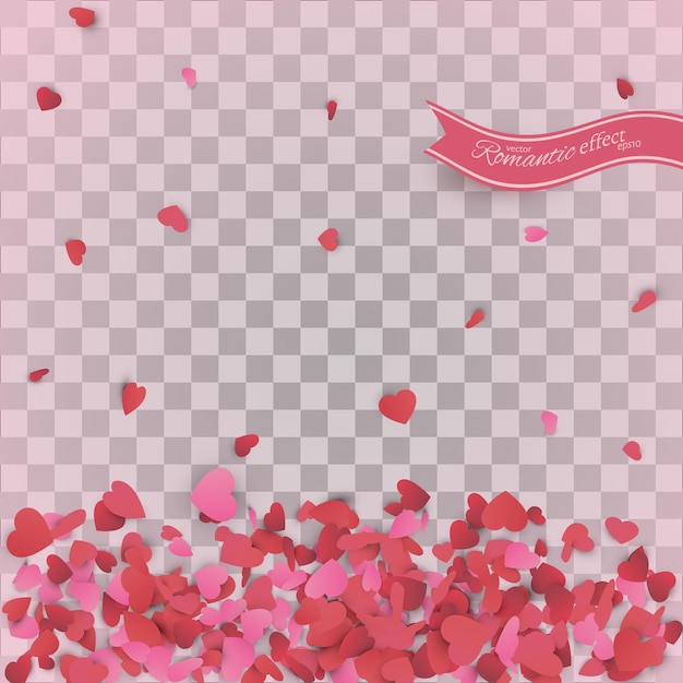 Heart confetti of Valentines petals falling on transparent background Valentines Day background of red hearts petals falling Decor element for greeting cards Transparent vector effect