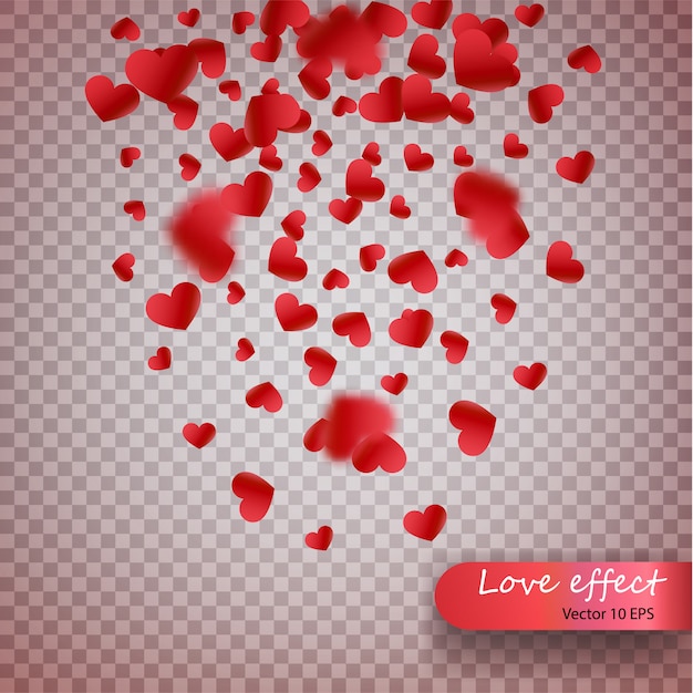 Heart confetti of valentines petals falling on transparent background.