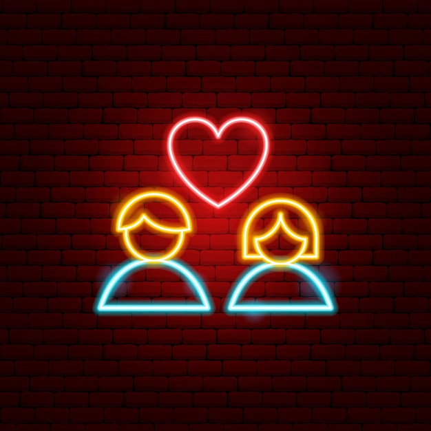 Insegna al neon delle coppie del cuore. illustrazione vettoriale di promozione dell'amore.