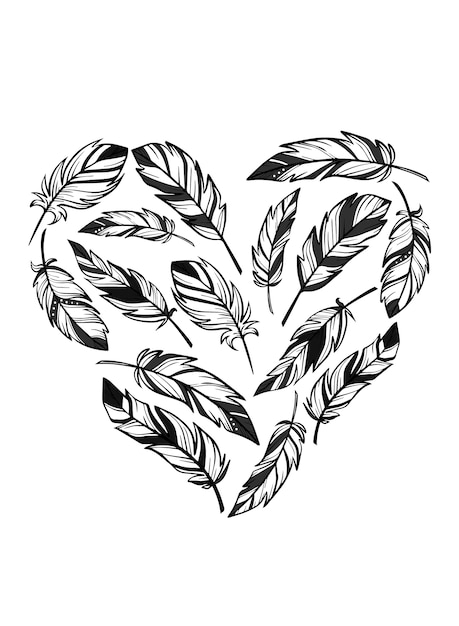 heart created out of hand sketched feathers