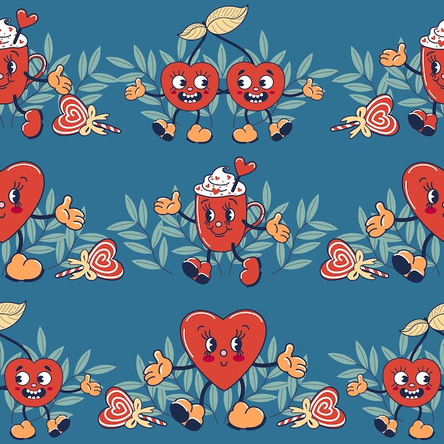 Heart cup of coffee cherries Cuphead lollipops plant motif Seamless pattern characters in vintage old disney style For valentines day wallpaper printing on fabric wrapping background