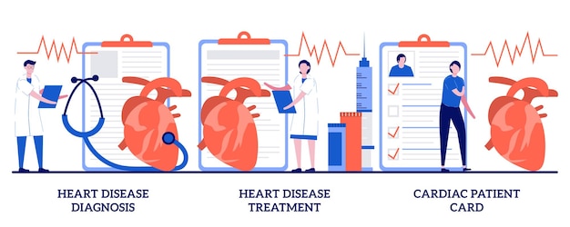 심장 질환 진단 및 치료, 작은 사람들과 심장 환자 카드 개념. 심혈관 질환 세트. 심박수 및 가슴 통증, 스트레스 테스트, 병원 은유.