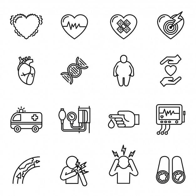 Heart disease, heart attack and symptoms icon set.