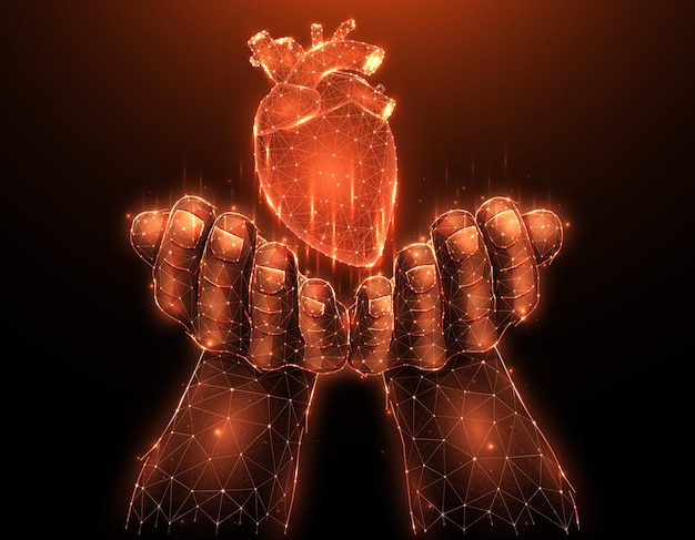 Heart donor. Polygonal vector illustration of a hand with a human heart. Organ donation concept