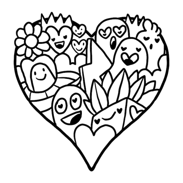 Vector heart doodle cute valentine coloring page