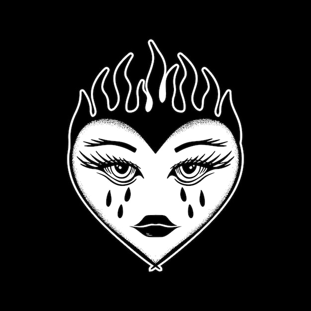 Vector heart face crying art illustration hand drawn style black and white for tattoo sticker logo etc
