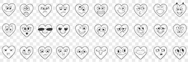 Heart facial expressions doodle set