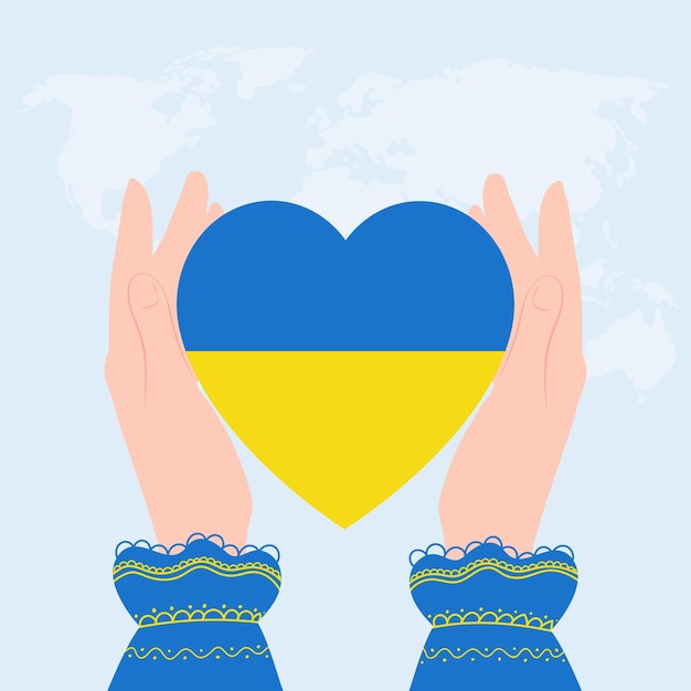 여성의 손에 우크라이나의 심장 플래그 우크라이나에서 전쟁 개념 없음