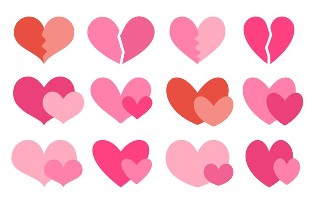 Set di icone piatte cuore coppie di cuori innamorati icone del concetto cuore spezzato segno triste matrimonio e san valentino raccolta di simboli isolato su bianco forma diversa rossa come adorabili adesivi romantici