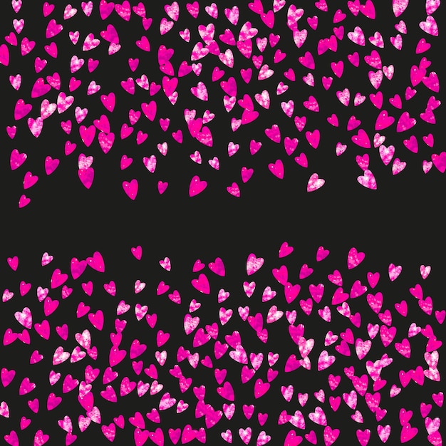 Heart frame background with gold glitter hearts Valentines day Vector confetti Hand drawn texture