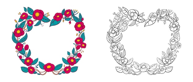 Vector heart frame different position camellia flowers set