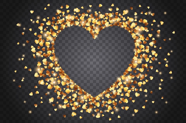 Heart frame from gold confetti on a transparent background Happy Valentines Day Heart confetti